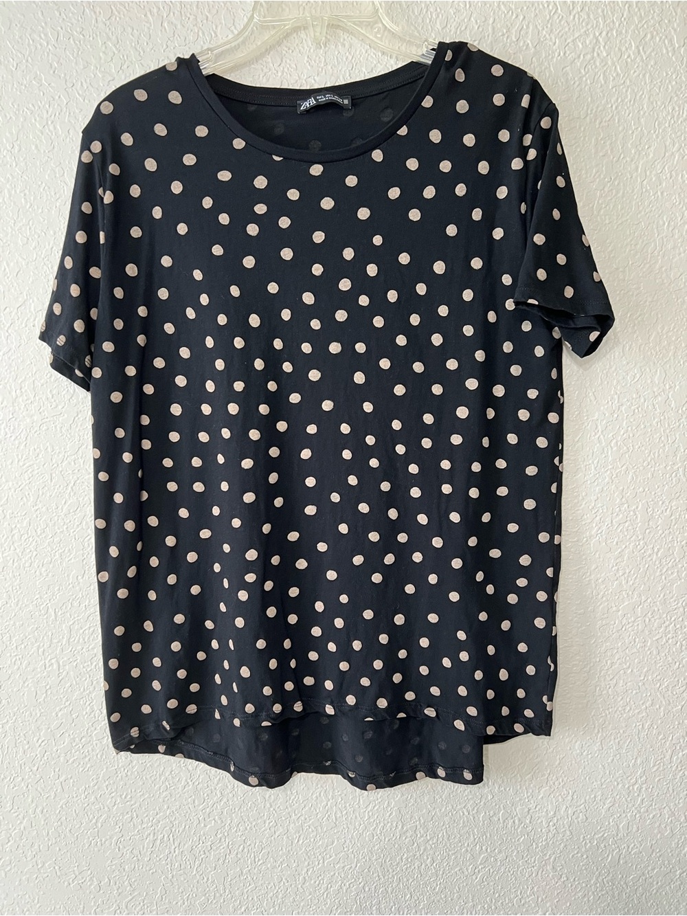 Zara Women's Black Cream Polka Dot Short Sleeve Top Size Large